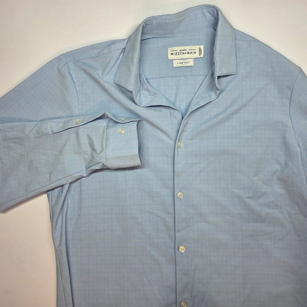 Mizzen+Main Leeward Dress Shirt XL Trim Fit Light Blue Micro Check 20501 Mens